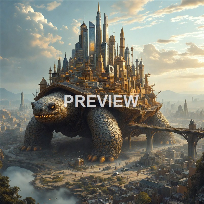 A colossal turtle with a cityscape and castle-like structures on its back, walking through an urban area with mountains in the background under a cloudy sky.